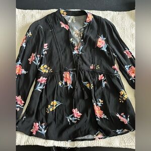 Mudd Black Floral Wrap Blouse with Mandarin Collar